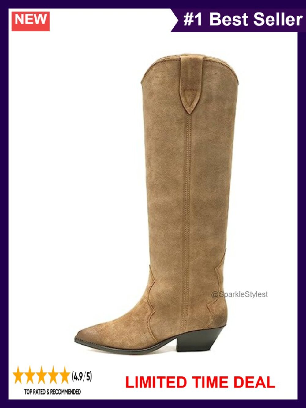 Women's Suede-Like Western Cowboy Knee High Boots Pointed Toe Chunky Heel